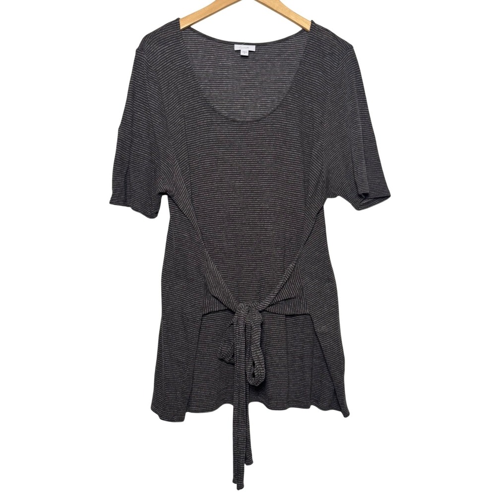 J. Jill‎ Tunic Top XL Olive Green Linen Blend Striped Belted Short Sleeve Knit